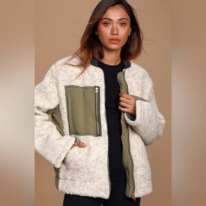 Free People Reversible Sherpa Fleece Bomber Jacket Olive Green Trim White Size L